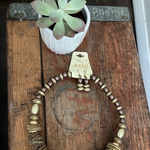 Beaded Necklace & Earrings Matching Set Brass, Golden, Metallic, Bronze colors - Picture 6 of 6